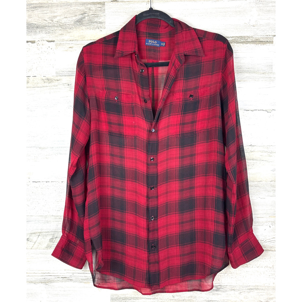 Polo Ralph Lauren Womens 10 Red Black Buffalo Plaid Silk Sheer Blouse Designer